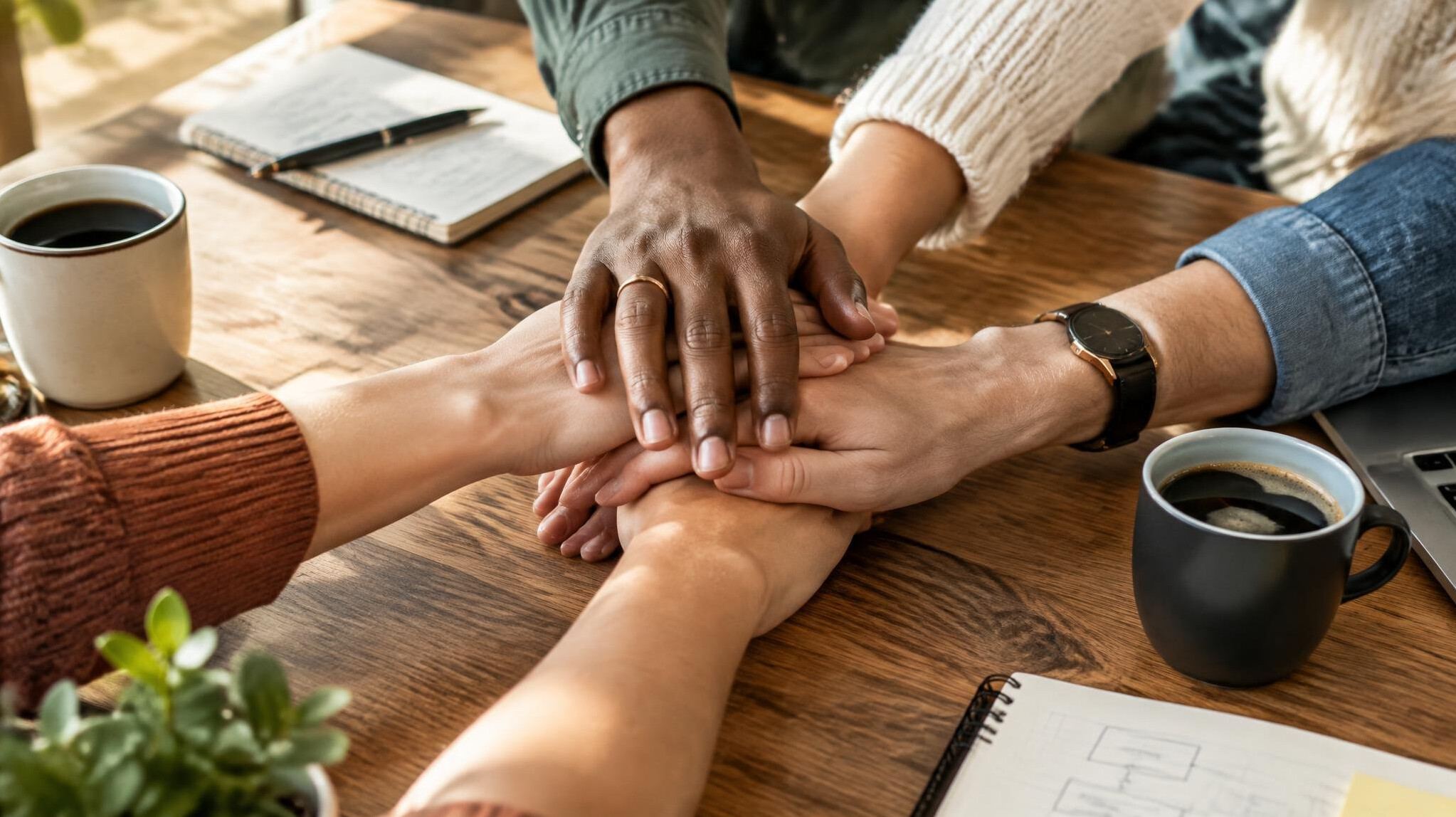 Hands joined over a table in agreement