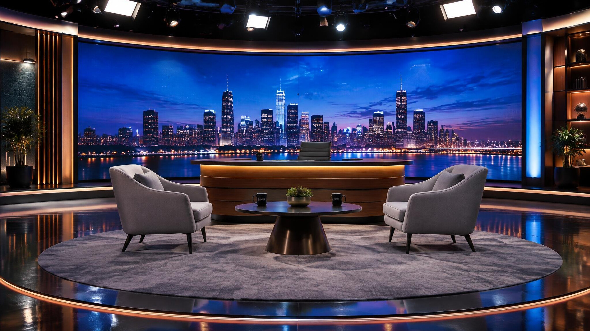 Empty television news studio set with desk and lights