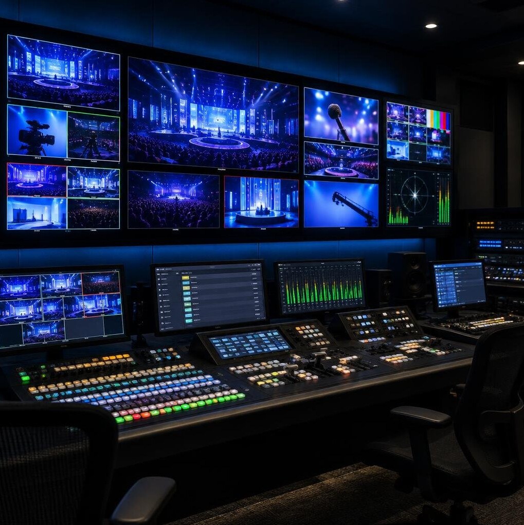 Television control room with monitors and mixing console